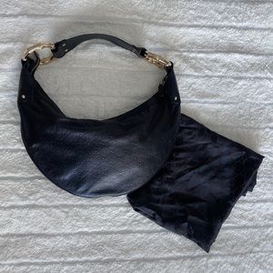 Gucci ‘GG’ Monogram Black Leather Bag with Gold Bamboo Accents